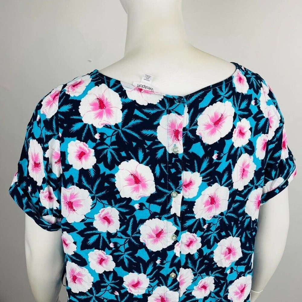 Westport Womans Sz 2X Blouse Shirt Floral Blue Short Sleeve Tie Detail - Picture 6 of 7